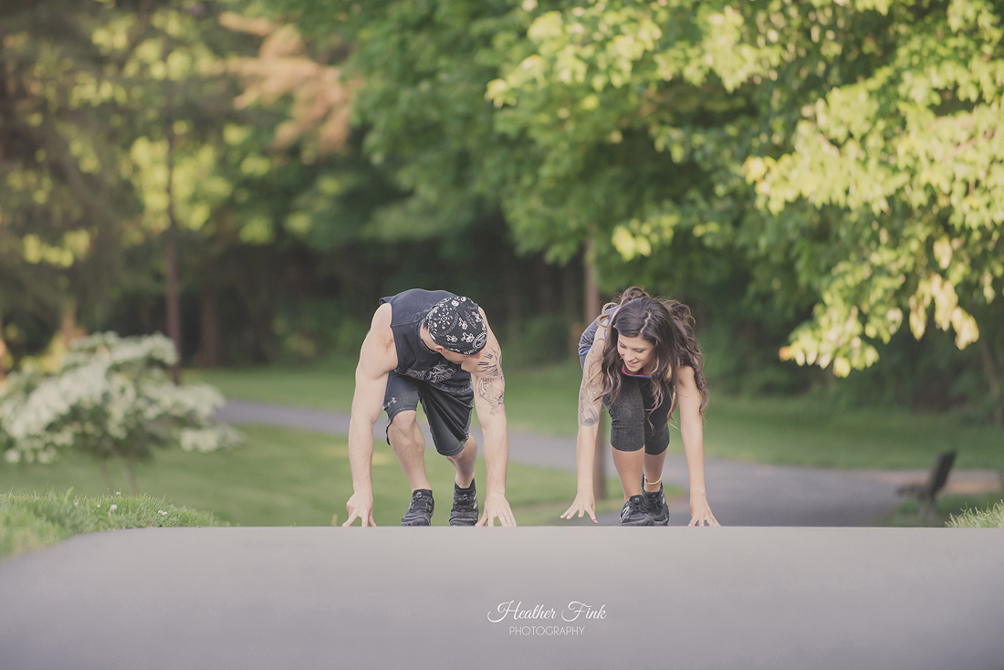 couple running during engagement session