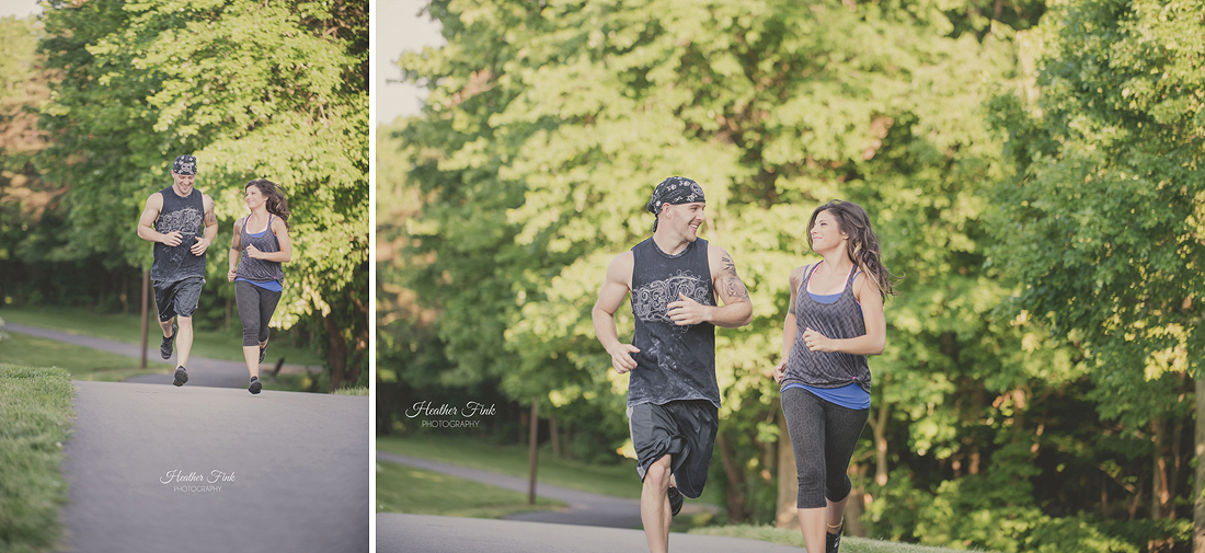 engaged couple running in park