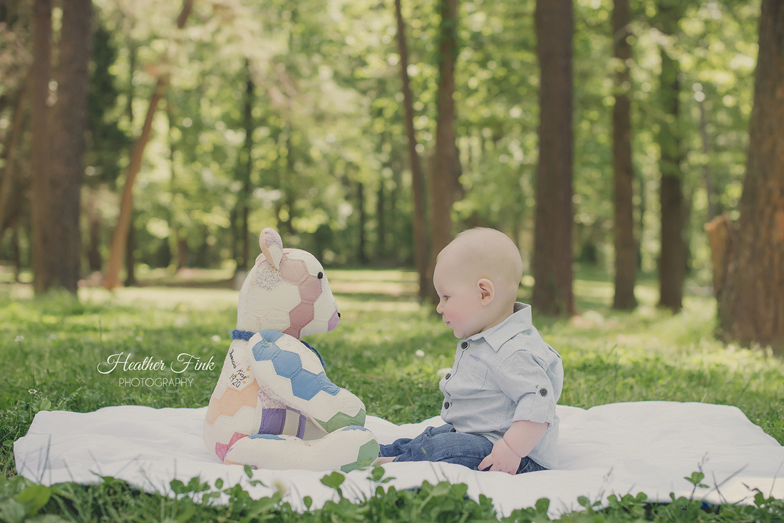 six month old baby session with teddy bear