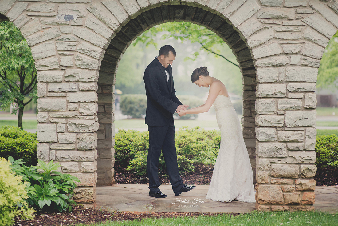 bride and groom's first look in hickory
